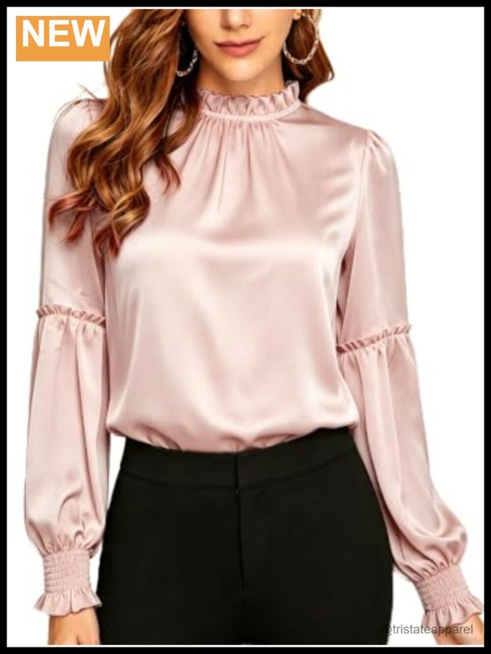 Women's Long Sleeve Ruffled Mock Neck Blouse Chiffon Business Casual